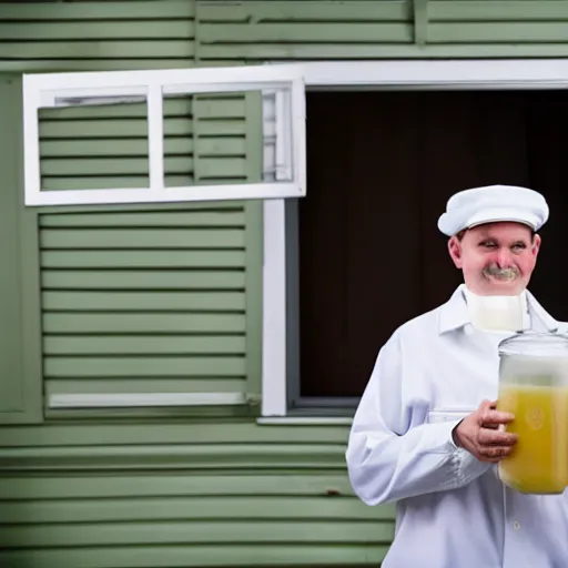 Image similar to Milkman very falsely happily giving the delicious milk to a house, 40nm, shallow depth of field, split lighting, 4k,