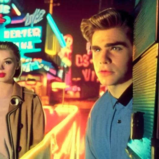 Prompt: Archie Andrews and Betty Cooper in an alley with neon signs, movie still from Blade Runner