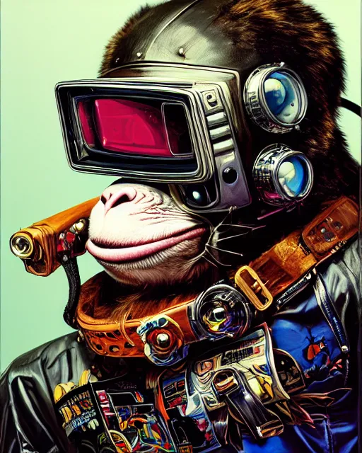 Image similar to a portrait of an anthropomorphic cyberpunk monkey in a leather helmet shredding an electric guitar by sandra chevrier, by jon foster, detailed render, tape deck, epic composition, cybernetics, 4 k realistic, cryengine, realistic shaded lighting, sharp focus, masterpiece, by enki bilal