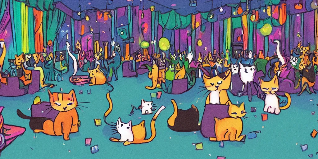 Prompt: A photo of cats having a wild party in a nightclub, very detailed and photorealistic image, beautiful scene