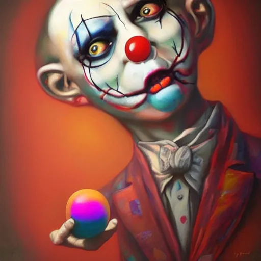 Image similar to creepy clown with colourful marbles and balloons, realistic, by Anato Finnstark, Tom Bagshaw, Brom