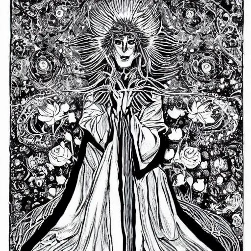 Image similar to black and white pen and ink!!!!!!! Suprani!!!!! wizard Nick Drake wearing High Royal flower print robes flaming!!!! final form flowing ritual royal!!! Contemplative stance Vagabond!!!!!!!! floating magic swordsman!!!! glides through a beautiful!!!!!!! Camellia!!!! Tsubaki!!! death-flower!!!! battlefield behind!!!! dramatic esoteric!!!!!! Long hair flowing dancing illustrated in high detail!!!!!!!! by Hiroya Oku!!!!!!!!! graphic novel published on 2049 award winning!!!! full body portrait!!!!! action exposition manga panel black and white Shonen Jump issue by David Lynch eraserhead and beautiful line art Hirohiko Araki!! Frank Miller, Kentaro Miura!, Jojo's Bizzare Adventure!!!! 3 sequential art golden ratio technical perspective panels horizontal per page