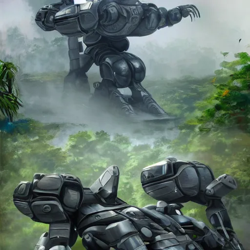 Image similar to futuristic robots war commander ask for air support, in a jungle jeszika le vye heraldo ortega 8 k