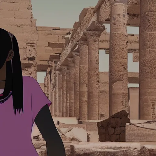 Prompt: A anime still of a portrait of a black woman with ancient egypt ruins as background