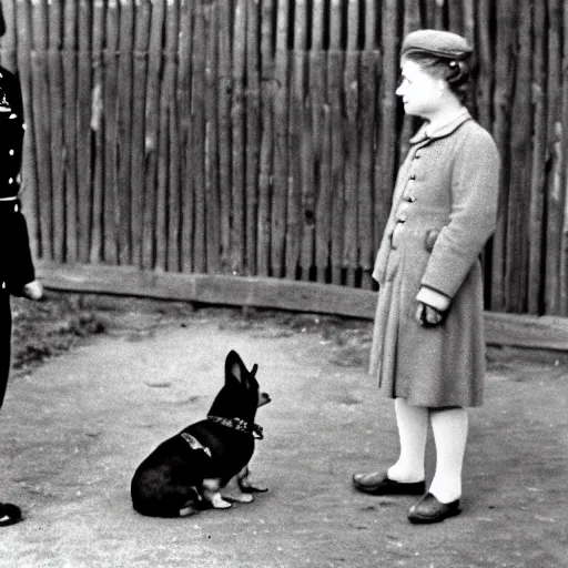 Image similar to ultra wide 1 9 4 6 historical photo of a single german general kneeling to pet a cute corgi, a young queen elizabeth stands near him, french village exterior, highly detailed, sharp focus