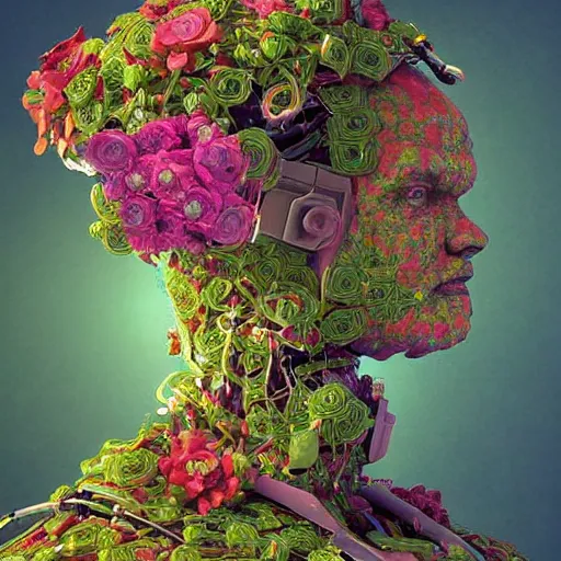 Image similar to colourful vfx art - portrait of army mecha robot wrapped in flowers & vines, art by hsiao - ron cheng & james jean, volumetric light, ray tracing, sharp, detailed, digital painting, illustration, highly detailed, intricate detail, unreal engine, octane render, pinterest, behance, art station,