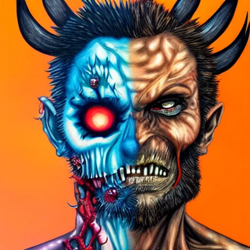 Prompt: hyper realistic colored pencil drawing of zombie wolverine, space background, unlimited detail, colored, space, dragon, intricate, detail, phoenix, orange by harumi hironaka art gem, cg society