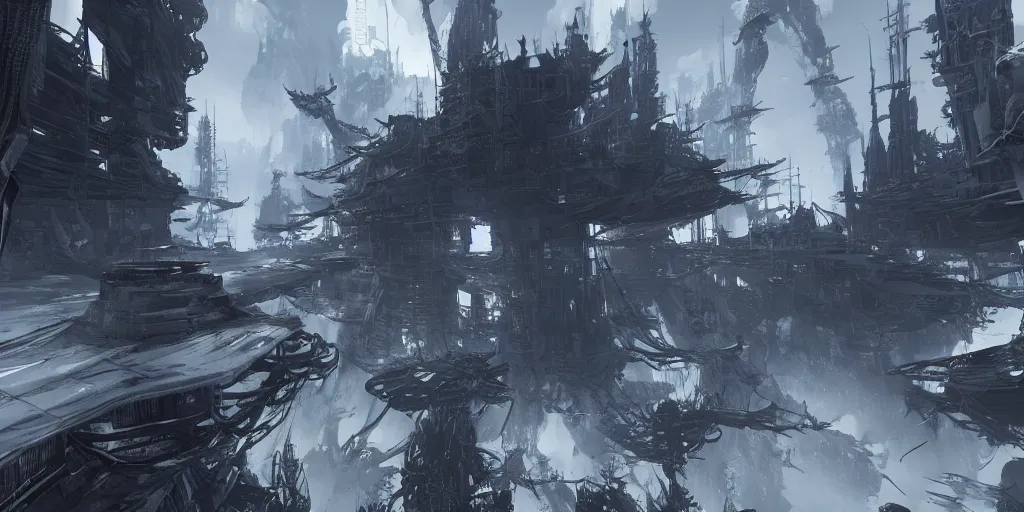 Image similar to grimdark tsutomu nihei aposimz architecture, unreal engine, 8 k, ultra realistic, ultra detail