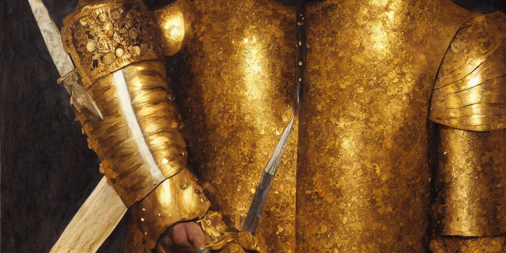 Image similar to realistic portrait of a man with golden armor and a crown, shinning sword, fame, 1450, ink, ultra realistic, 8k