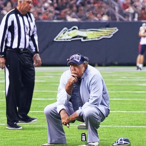 Prompt: Coach Belichick being slightly upset at being covered in spiders