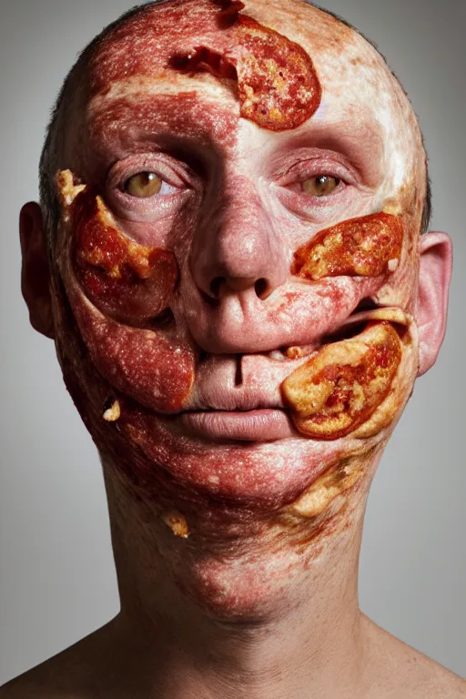 Prompt: portrait of man with facial deformity making the head a flat and circular disc, looking like a pizza, uneven skin with baked crust appearance, large freckles like burnt spots, cheeks look like tomato slices, muted colors, soft lighting, sharp focus, neutral background, masterpiece, photo by jimmy nelson, cindy sherman