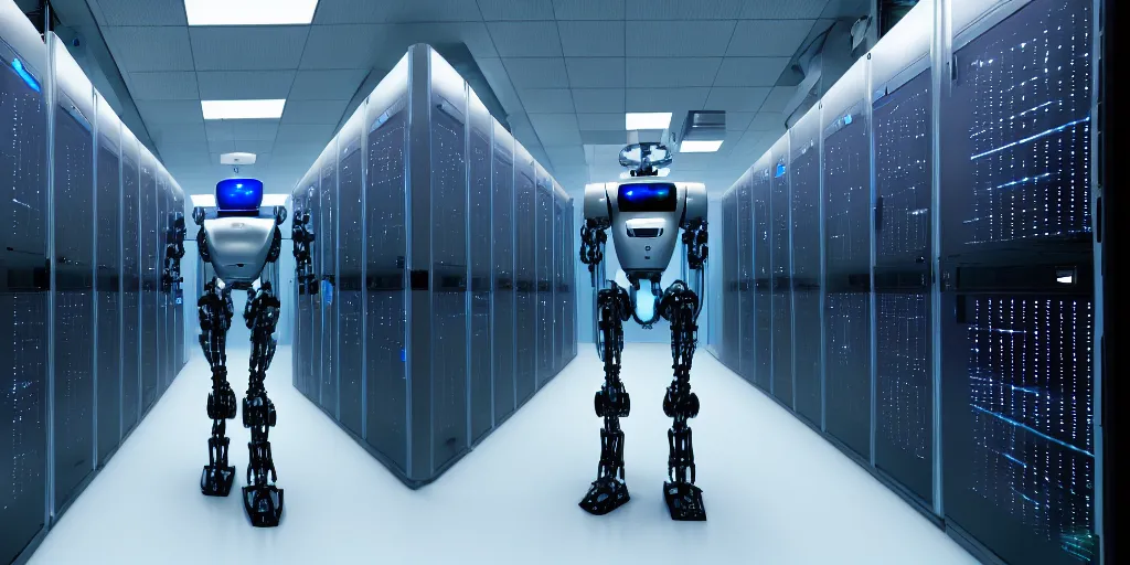 Image similar to futuristic robot in data center server room shot from michael bay movie