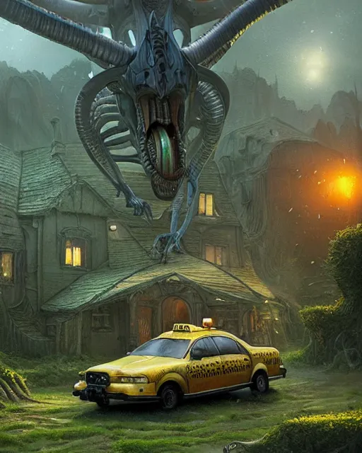 Image similar to xenomorph taxi car in a fantasy village, calming, uplifting mood, ultra realistic, farm, small buildings, highly detailed, atmosphere, masterpiece, epic lighting, elves, green plants, magic, illuminated, 4 k, cinematic, morning sun, art by eddie mendoza and sylvain sarrailh and jonathan berube