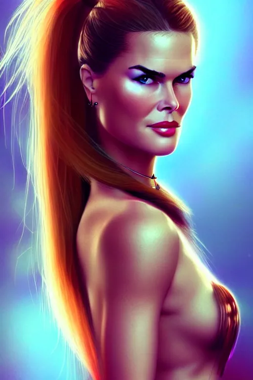 Image similar to mix of beautiful young maria shriver, mariel hemmingway, brooke shields, nicole kidman and elle macpherson as a young amazon warrior, thin lips, hair tied up in a pony tail, dark blonde hair, colorful, artstation, cgsociety