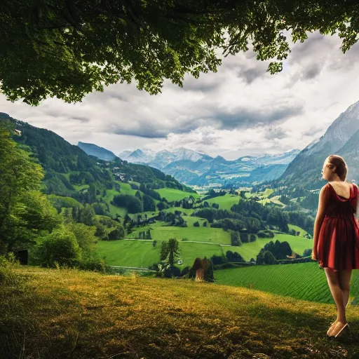 Image similar to a beautiful photograph of a girl with switzerland landscape in the background with trees, hdr, 8 k, high quality, sharp focus, artstation, highly detailed, award - winning, dramatic lighting, beautiful clouds, and nature, digital art