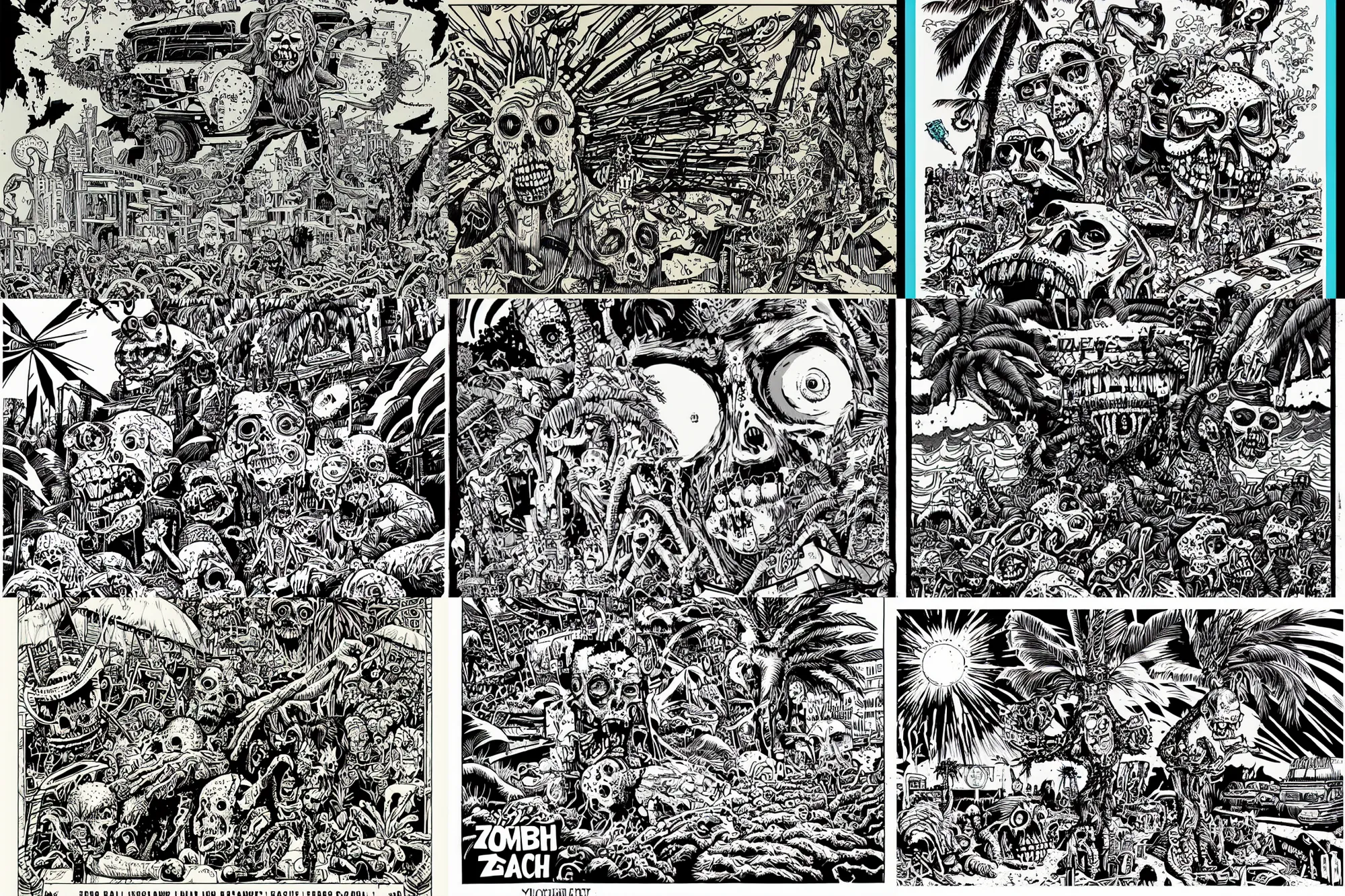 Prompt: zombie beach holiday postcard by mcbess, featuring brains, by Philippe Druillet, outrun art, palm trees