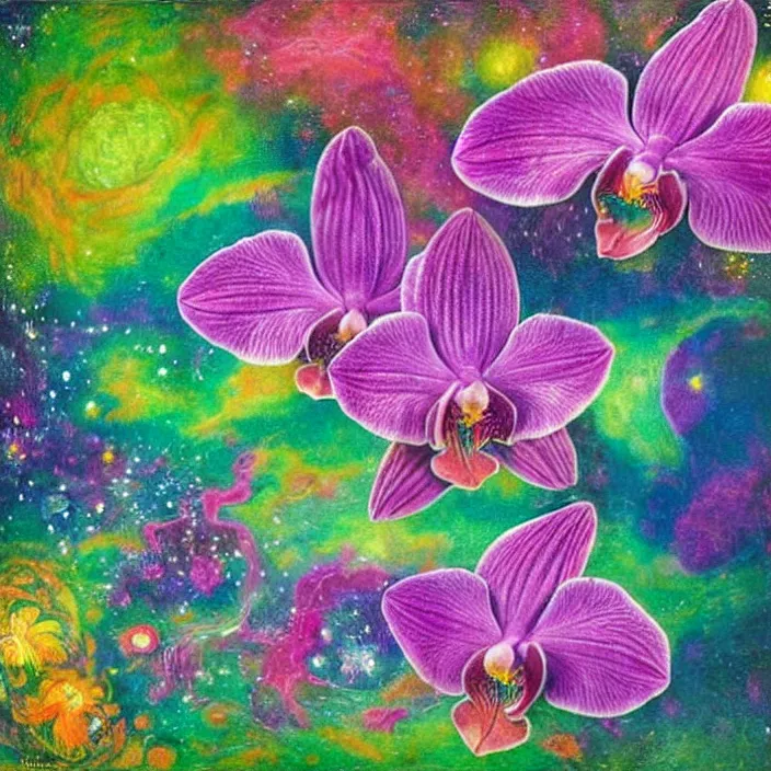 Prompt: cosmic exotic orchids. aurora borealis. iridescent, vivid psychedelic colors. painting by bosch, agnes pelton, utamaro, monet