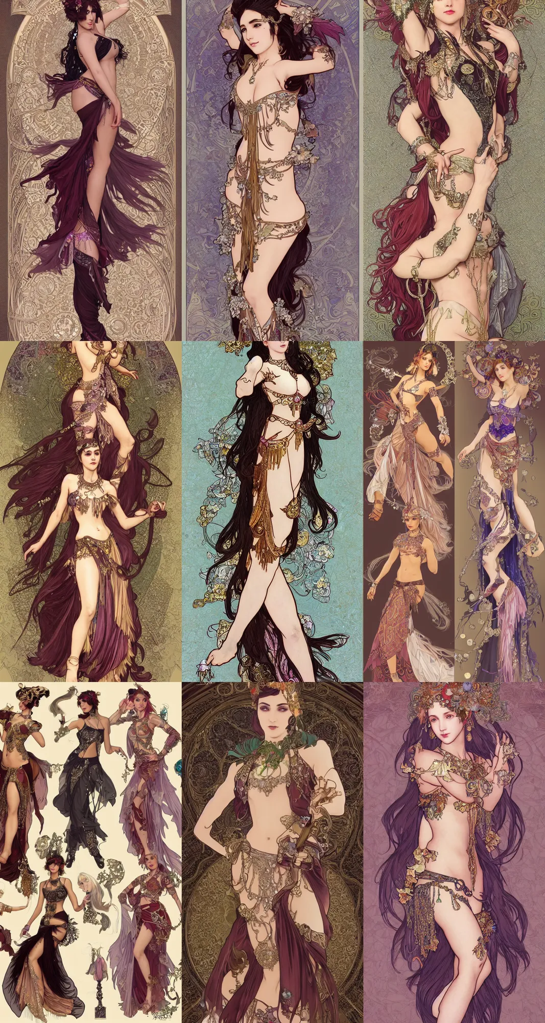 Prompt: Character concept and fashion spot illustrations from the Final Fantasy steampunk Belly Dancer mashup, full-body, bloom, dynamic poses, diaphanous cloth, intricate crystalline and feather jewelry, ornate, filigree, arcane, cinematic lighting, by Alphonse Mucha, by Artgerm, by Bouguereau, by Sakimichan, fantasy, portfolio illustration, highly detailed, trending on Artstation, CGsociety, HQ, 8k, 35mm lens, f2.8, Bokeh,