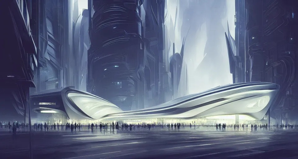 Prompt: cinematic shot, futuristic building, crowded, utopian, zaha hadid, night, white, lights, digital painting, artstation, concept art, smooth, sharp focus, illustration, intricate, elegant, highly detailed, in the style of greg rutkowski and alphonse mucha and artemisia, 8 k, highly detailed, jurgens, rutkowski