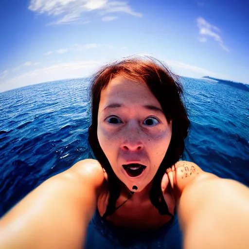 Image similar to Selfie!!!!! of a scared!!!!! woman, in the middle of the ocean!!!!!, first-person view, fisheye!!!!! lens!!!!!, photorealistic image, trending on artstation, 4k, 8k