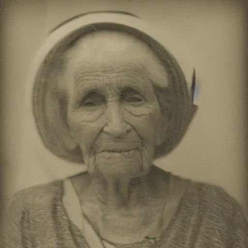 Prompt: a black and white grainy photograph in sepia tone of an old woman with a deeply lined face