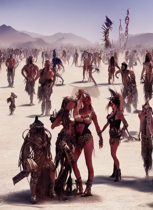 Prompt: hyper realistic photography of burningman festival warrior curvy partygirl cinematic, vallejo, julie bell, craig mullins greg rutkowski,