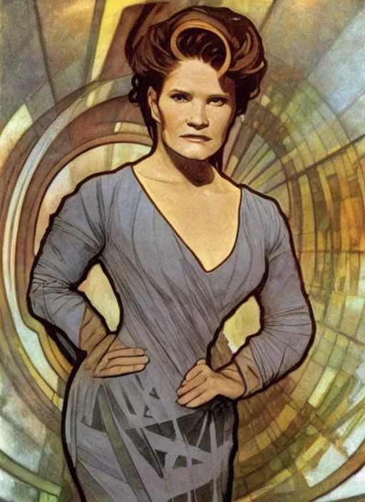 Image similar to captain janeway from star trek voyager, a still from star trek voyager painted by alphonse mucha. clear highly detailed face, beautiful sci fi art