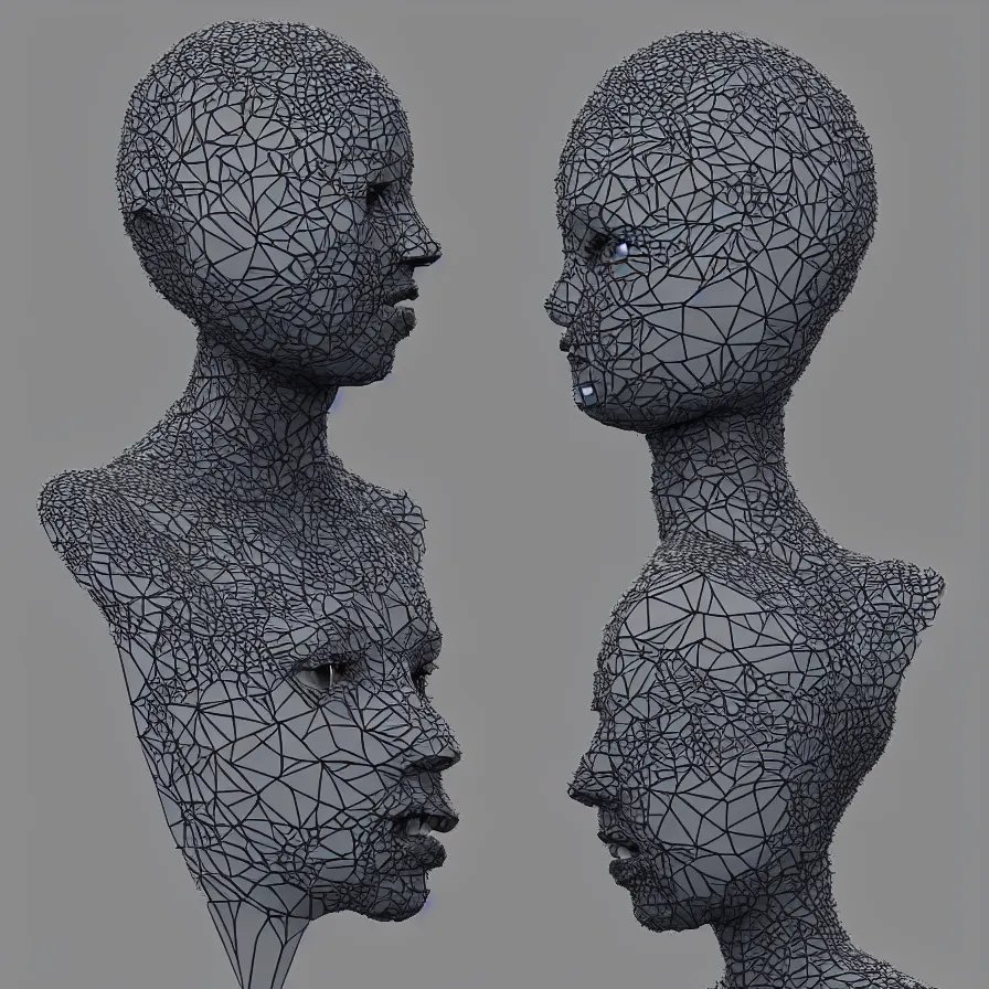 Image similar to a one woman with a futuristic mask on her face, a surrealist sculpture by alexander mcqueen, trending on pinterest, plasticien, biomorphic, made of plastic, a computer rendering by bedwyr williams, featured on zbrush central, holography, multiple exposure, glitch art, glitchy, photorealistic