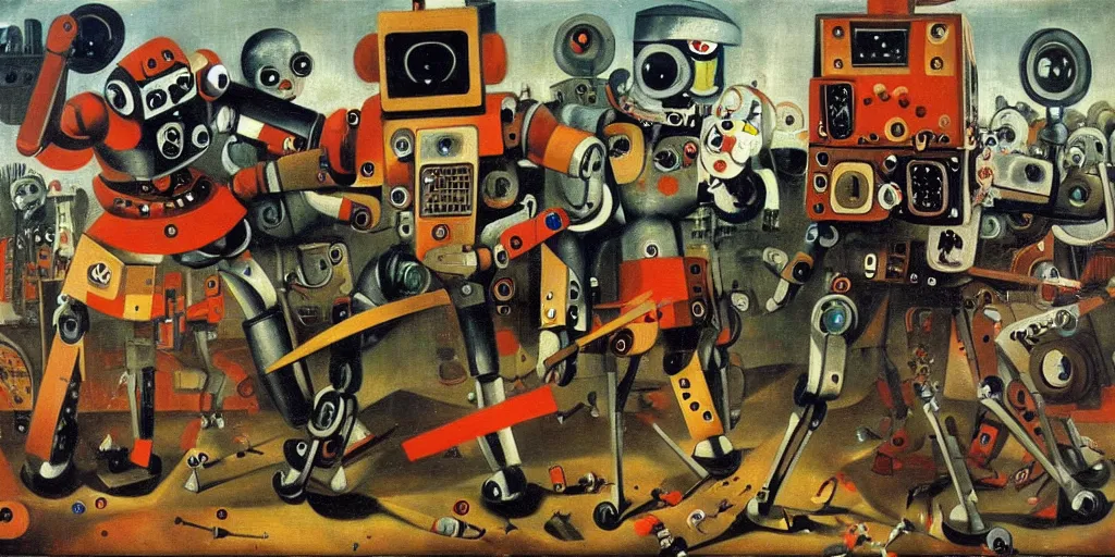 Prompt: scene from future robot battle, painting by otto dix, 8 k