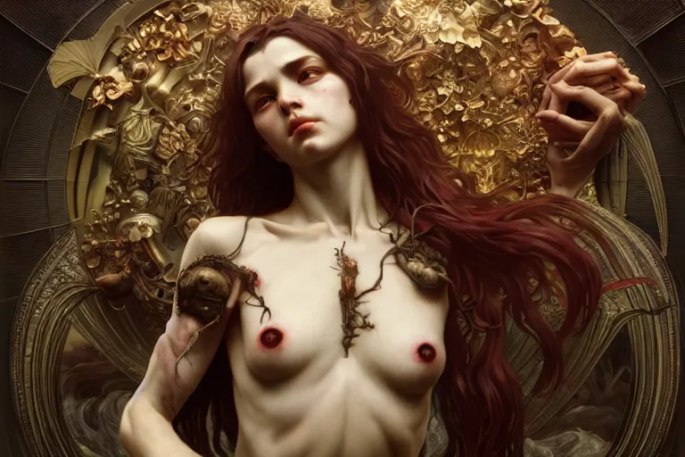 Image similar to ultra realistic, vykos, tzimisce, flesh, metamorphosis, vampire, sabbat, body horror, intricate details, eerie, highly detailed, octane render, 8 k, art by artgerm and alphonse mucha and greg rutkowski