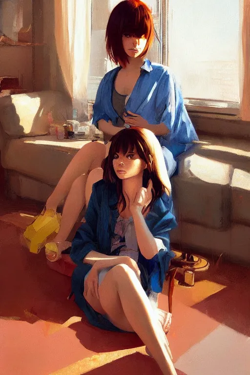 Image similar to A ultradetailed beautiful portrait panting of a stylish girl sitting in a messy modern apartment, bright sunny day, Oil painting, by Ilya Kuvshinov, Greg Rutkowski and Makoto Shinkai