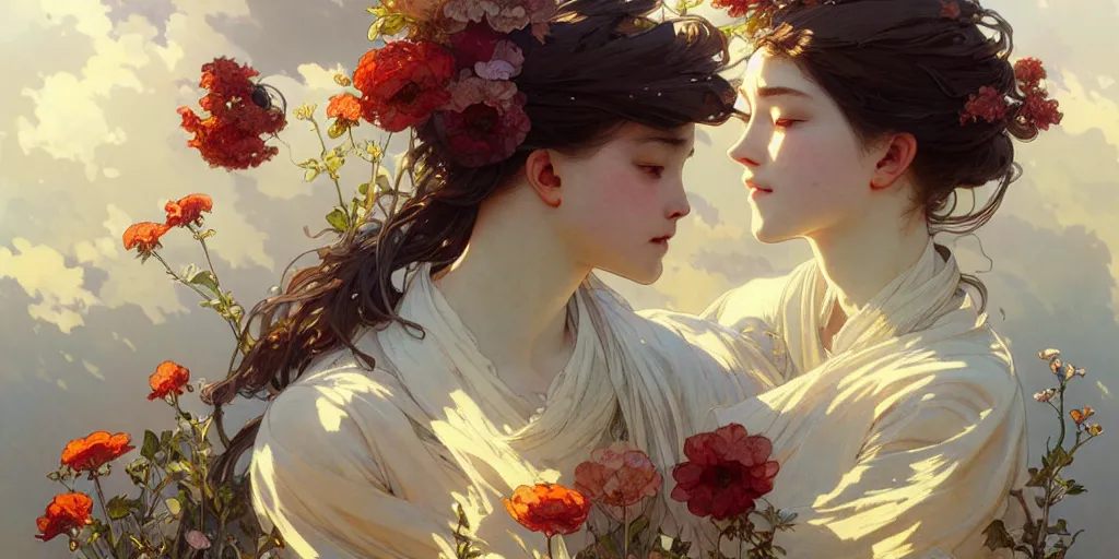 Image similar to a beautiful illustration of flowers and clouds, intricate, sharp focus, illustration, highly detailed, digital painting, concept art, matte, art by wlop and artgerm and greg rutkowski and alphonse mucha, masterpiece