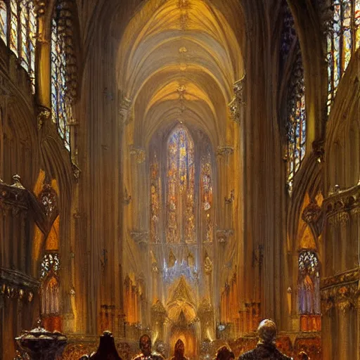 Image similar to inside a giant medieval cathedral, ornate and intricate details. highly detailed painting by gaston bussiere, j. c. leyendecker 8 k