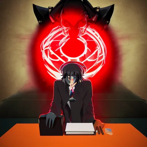 Image similar to dark lord sitting at desk, medium shot, portrait, john k, semi realistic anime, red demon cyberpunk symbols