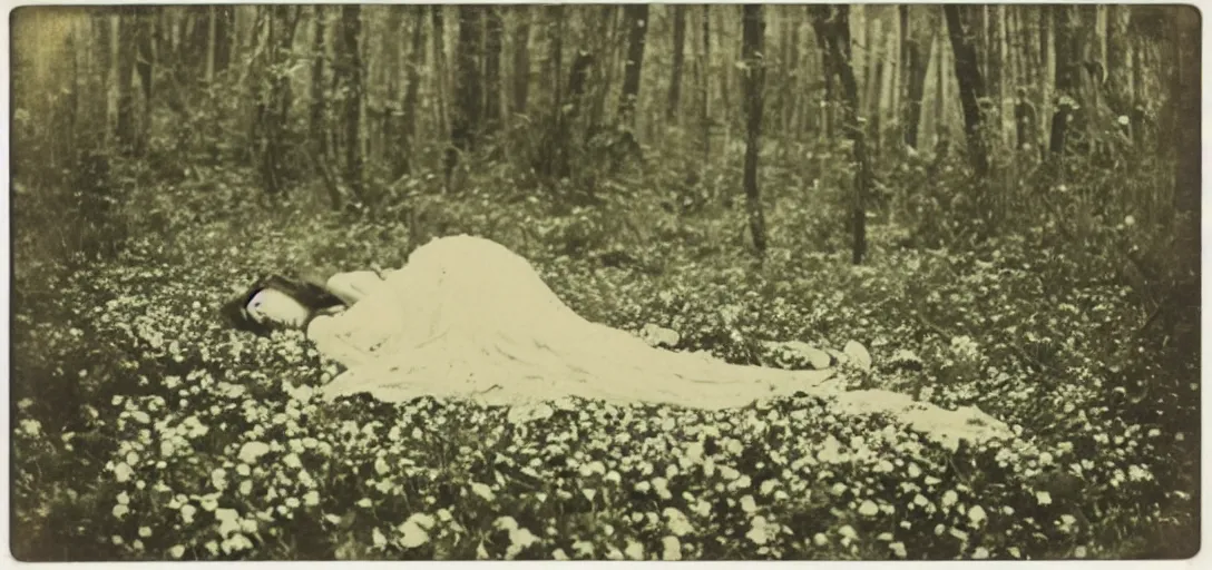 Prompt: beautiful woman on the ground covered in flowers, Forest, ray gods, 1910 top-down polaroid photography