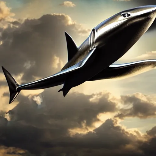 Image similar to air shark flying in the sky, metallic, shiny, chrome, clouds