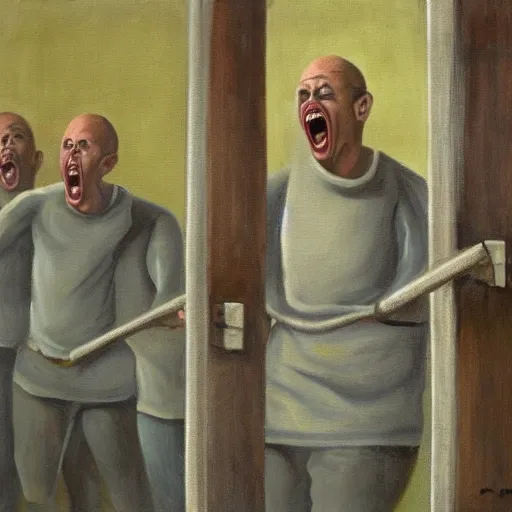 Image similar to a screaming prisoner holding prison bars, realism old painting