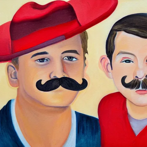 Image similar to a man with brown hair, mustache with a fedora hat, standing next to a boy with a red shirt a messy brown hair painting