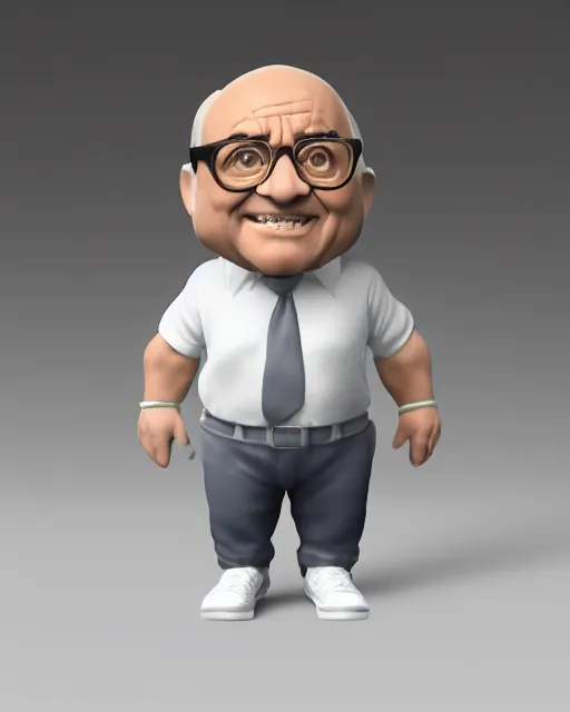 Prompt: full body 3 d render of danny devito as a funko pop, studio lighting, white background, blender, trending on artstation, 8 k, highly detailed