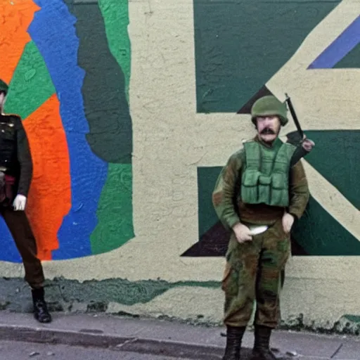 Image similar to irish republican army soldier posing next to a mural in belfast in the 1 9 7 0 s, 8 k detail