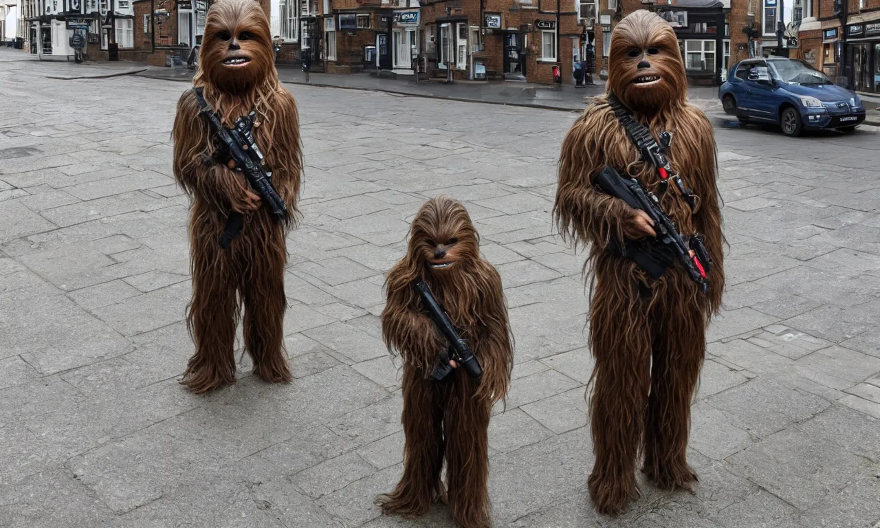 Image similar to photo of one chewbacca standing on the streets of rochester, england
