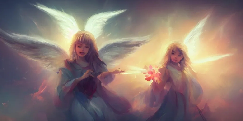 Prompt: An angel with white wings shooting a bright arrow to create flowers on a plain, trending on artstation, heavenly colors, volumetric lighting