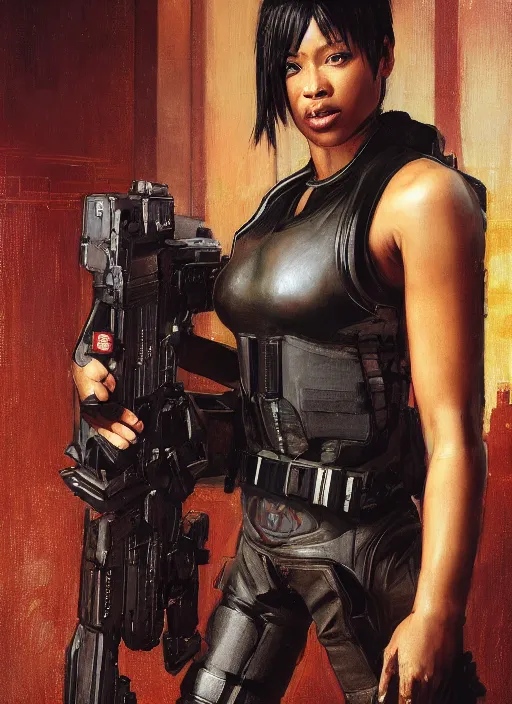 Image similar to black chun li. cyberpunk police trooper in a military vest ( blade runner 2 0 4 9, cyberpunk 2 0 7 7 ). orientalist portrait by john william waterhouse and james gurney and theodore ralli and nasreddine dinet, oil on canvas. cinematic, hyper realism, realistic proportions, dramatic lighting, high detail 4 k