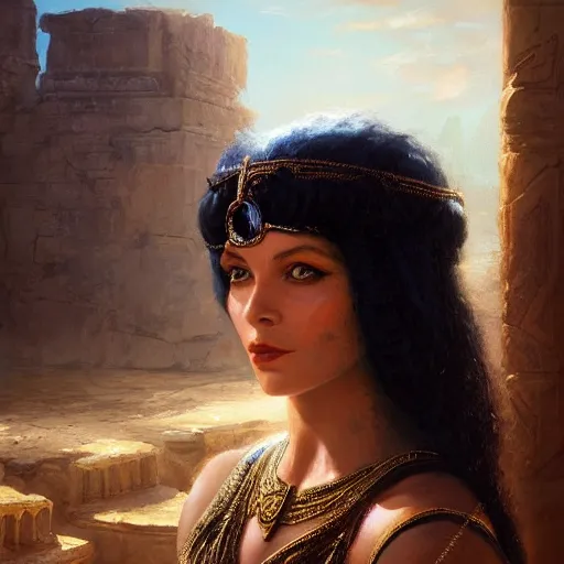 Image similar to closeup portrait of a young vivian leigh as cleopatra, palace background, dramatic light, gorgeous view, depth, high detail, digital art, painted by greg rutkowski, trending on artstation