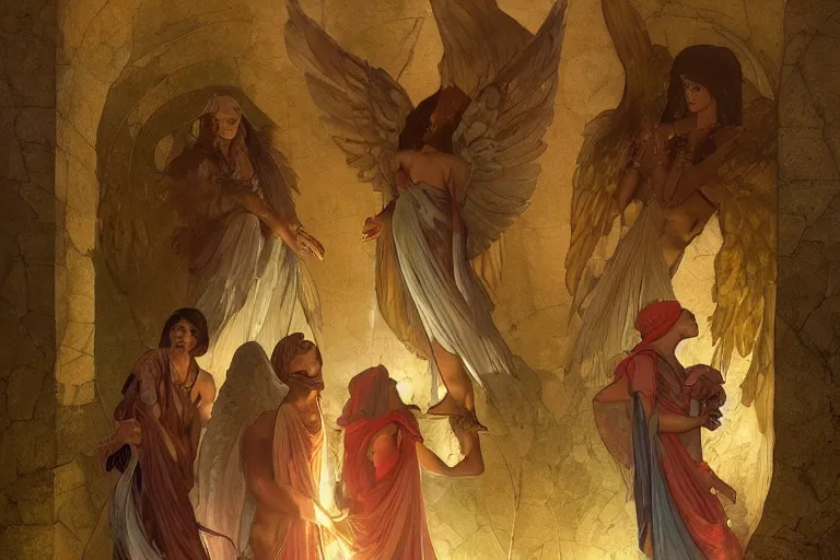 Image similar to inside a tomb, dark scene, light coming in from the left, 3 women crouching in colored robes, 2 angels with feathered wings | medium close | fibonacci composition, by artgerm, greg rutkowski, alphonse mucha