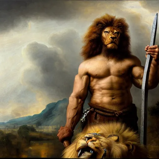 Prompt: muscular lion as barbarian with sword , very textured detailed oil painting panoramic 4k hires detailed portrait by rembrandt, dramatic clouds, thunder in the foggy jungle ,sun rays through trees - W 1600