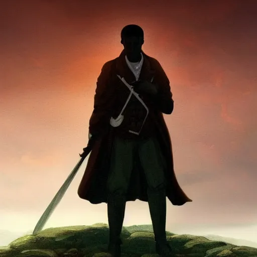 Prompt: dark-skinned man standing tall on a cliff fog clouds clothed in military uniform holding sword in the style of CASPAR DAVID FRIEDRICH atmosphere colourful beautiful image artstation deviantart acrylic