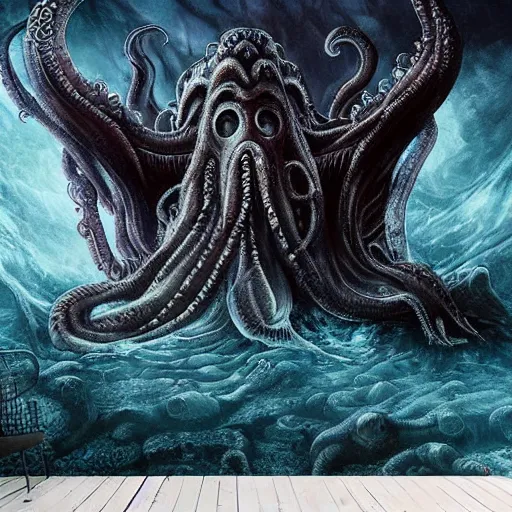 Image similar to old god eldritch horror terrifying the deep abyss of the ocean floor, epic scene, underwater photography, hyper - detailed, gigantic cthulhu, photo - realistic wallpaper, dark art