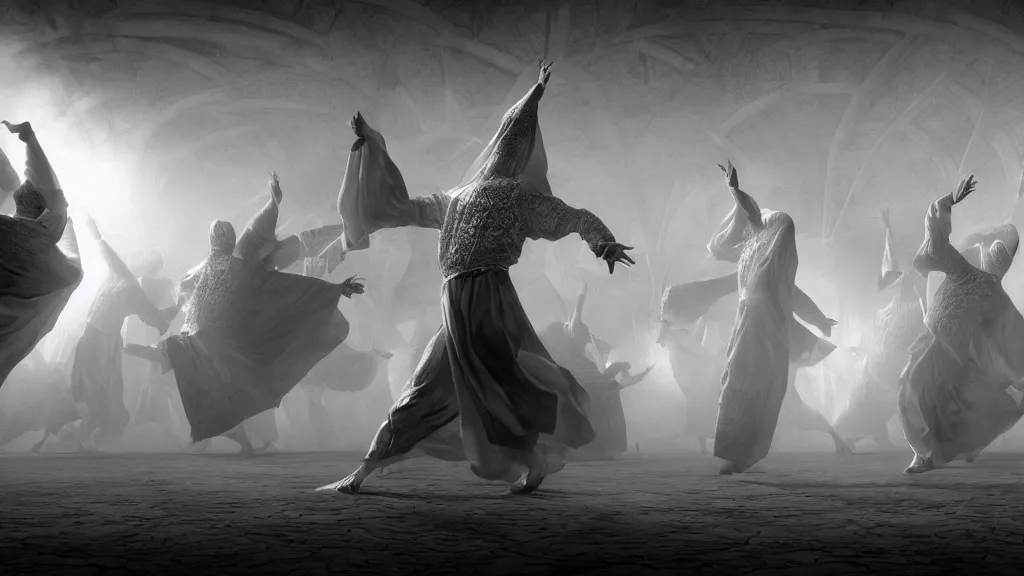 Image similar to tyrkisk sufi dance, sufi, arabic words, bysintine, gothic, 4 k, smokey, michael whelan, peter mohrbache, giovanni paolo panini style epic, volumetric light, insanely detailed, unreal engine render, artstation trends, hyper detail, epic art style, cinematic, concept art, soft white gold lights