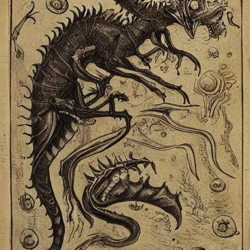 Image similar to bestiary of creatures from the depths of the unconscious psyche